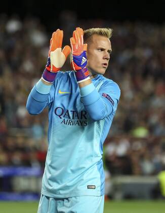 Marc-Andre TER STEGEN, Barca 1 Aktion, Einzelbild Jubel, Freude, Emotionen, Feiern, Lachen, jubelt, freuen, reisst die Arme hoch, ballt die Faust FC Barcelona Barca - FC BAYERN MUENCHEN 3-0 , Fussball UEFA Champions League, Halbfinale Hinspiel, Muenchen, 06.05.2015 CL Saison 2014 2015, FCB, Muenchen