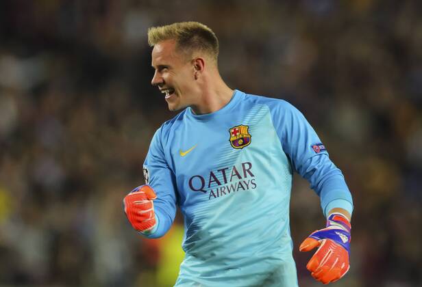 Marc-Andre TER STEGEN, Barca 1 Jubel nach Lionel MESSI, Barca 10 Tor zum 2-0 FC Barcelona Barca - FC BAYERN MUENCHEN 3-0 , Fussball UEFA Champions League, Halbfinale Hinspiel, Muenchen, 06.05.2015 CL Saison 2014 2015, FCB, Muenchen