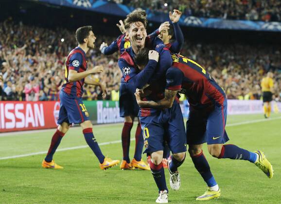 BARCELONA, May 6, 2015 -- Barcelona s Argentine forward Lionel Messi (front L) celebrates with his teammate Neymar after scoring during the first round match of semifinal against FC Bayern München at the 2014-2015 UEFA Champions League at Camp Nou Stadium in Barcelona, Spain, May 6, 2015. Barcelona won 3-0. ) (SP)SPAIN-BARCELONA-SOCCER-UEFA CHAMPIONS LEAGUE-SEMIFINAL-FCB VS FC FC Bayern München PauxBarrena 