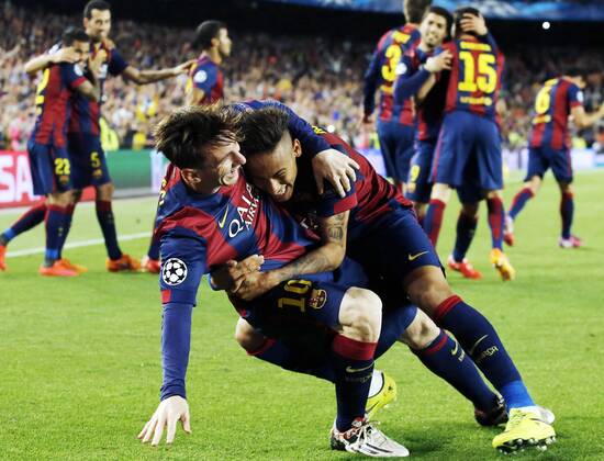 BARCELONA, May 6, 2015 -- Barcelona s Argentine forward Lionel Messi (front L) celebrates with his teammate Neymar after scoring during the first round match of semifinal against FC Bayern München at the 2014-2015 UEFA Champions League at Camp Nou Stadium in Barcelona, Spain, May 6, 2015. Barcelona won 3-0. ) (SP)SPAIN-BARCELONA-SOCCER-UEFA CHAMPIONS LEAGUE-SEMIFINAL-FCB VS FC FC Bayern München PauxBarrena 