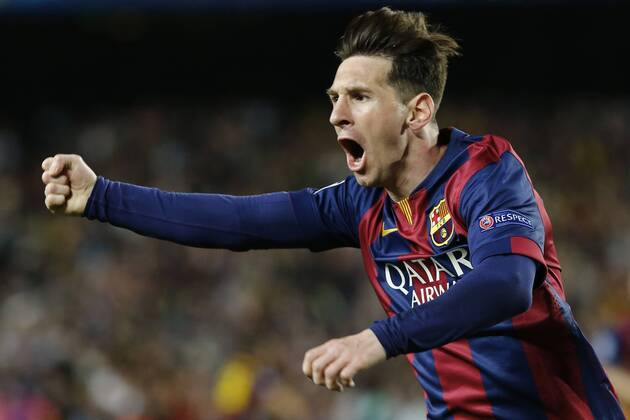 BARCELONA, May 6, 2015 -- Barcelona s Argentine forward Lionel Messi celebrates after scoring during the first round match of semifinal against FC Bayern München at the 2014-2015 UEFA Champions League at Camp Nou Stadium in Barcelona, Spain, May 6, 2015. Barcelona won 3-0. ) (SP)SPAIN-BARCELONA-SOCCER-UEFA CHAMPIONS LEAGUE-SEMIFINAL-FCB VS FC FC Bayern München PauxBarrena 