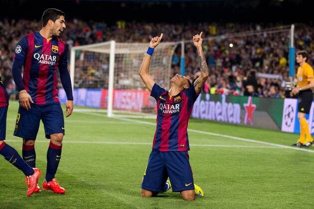 First leg of the UEFA Champions League 2014 2015 semifinals match played between FC Barcelona Barca and FC Bayern Munich. In this picture, Neymar celebrates his goal. xGERMANxPARGAx 