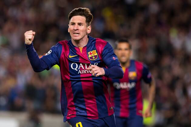 First leg of the UEFA Champions League 2014 2015 semifinals match played between FC Barcelona Barca and FC Bayern Munich. In this picture, Lionel Messi celebrates his first goal. xGERMANxPARGAx 