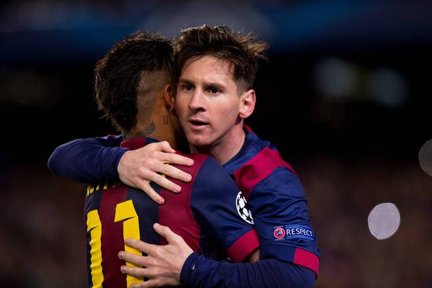 First leg of the UEFA Champions League 2014 2015 semifinals match played between FC Barcelona Barca and FC Bayern Munich. In this picture, Lionel Messi celebrates his first goal. xGERMANxPARGAx 