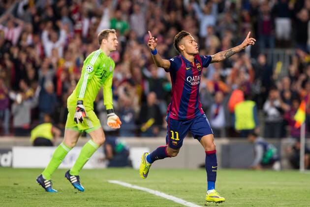 First leg of the UEFA Champions League 2014 2015 semifinals match played between FC Barcelona Barca and FC Bayern Munich. In this picture, Neymar celebrates his goal. xGERMANxPARGAx 