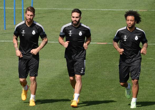 Aktuell Fußball, Champions League, Training FC Real Madrid ESPANA, MADRID 12 APR: Sergio Ramos, Daniel Carvajal, Marcelo training in Ciudad Deportiva Real Madrid (Valdebebas), for the next match Champions League 2014 15 Real Madrid VS Juventus in Stadium Santiago Bernabeu (Madrid). 12th of April 2015 (Madrid). (Isa Saiz Cordon Press). 