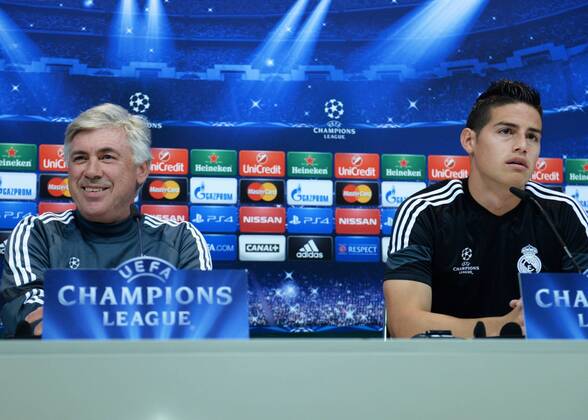 ESPANA, MADRID 12 MAY: James, Ancelotti, rueda de prensa in Ciudad Deportiva Real Madrid (Valdebebas), for the next match Champions League 2014 15 Real Madrid VS Juventus in Stadium Santiago Bernabeu (Madrid). 12th of May 2015 (Madrid). (Isa Saiz Cordon Press). 