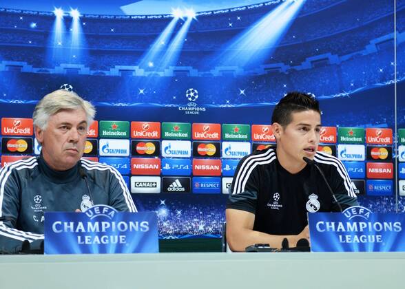 ESPANA, MADRID 12 MAY: James, Ancelotti, rueda de prensa in Ciudad Deportiva Real Madrid (Valdebebas), for the next match Champions League 2014 15 Real Madrid VS Juventus in Stadium Santiago Bernabeu (Madrid). 12th of May 2015 (Madrid). (Isa Saiz Cordon Press). 