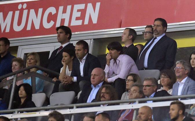12.05.2015, Fussball Championsleague 2014 2015, Halbfinale Rückspiel, FC Bayern München - FC Barcelona Barca in der Allianz-Arena München. Bundestrainer Joachim Löw (Deutschland) und Sportdirektor Hans-Dieter Flick (Deutschland) auf der Ehrentribüne. 