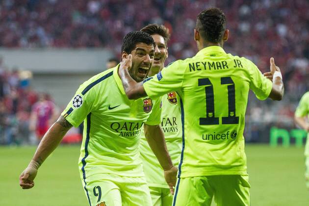 GER, UEFA CL Halbfinale, FC Bayern Muenchen vs. FC Barcelona Barca 12.05.2015, Allianz Arena, Muenchen, GER, UEFA CL Halbfinale, FC Bayern Muenchen vs. FC Barcelona, im Bild Jubel nach dem Tor zum 2-1 durch Neymar (Barcelona 11) mit Luis Suarez (Barcelona 9) und Lionel Messi (Barcelona 10) nphxStraubmeier