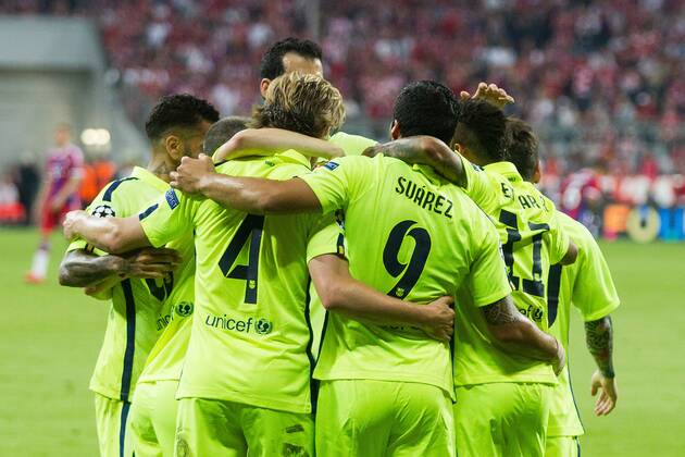 GER, UEFA CL Halbfinale, FC Bayern Muenchen vs. FC Barcelona Barca 12.05.2015, Allianz Arena, Muenchen, GER, UEFA CL Halbfinale, FC Bayern Muenchen vs. FC Barcelona, im Bild Jubel nach dem Tor zum 2-1 durch Neymar (Barcelona 11) mit Luis Suarez (Barcelona 9) und Lionel Messi (Barcelona 10) Ivan Rakitic (Barcelona 4) nphxStraubmeier