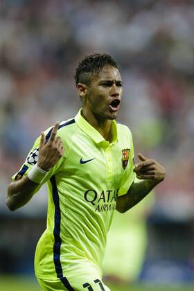 12.05.2015. Munich, Germany. Champions League Football Semi Final 2nd Leg. Bayern Munich versus Barcelona. FC Barcelona Barca x2019;s Neymar celebrates his second goal xCraigxMercerx  ActionPlus11620363