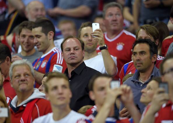 12.05.2015, Fussball Championsleague 2014 2015, Halbfinale Rückspiel, FC Bayern München - FC Barcelona Barca in der Allianz-Arena München. Christian Nerlinger (Deutschland) der neue Berater von Jerome Boateng (Bayern) unter den Zuschauern. 