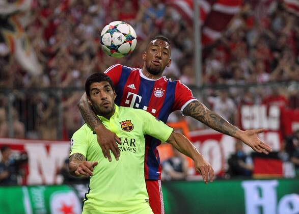 Champions League , Halbfinale, Rückspiel, Saison 2014 2015, Herren, 12.05.2015, FC Bayern München - FC Barcelona Barca Barca v.l. Aktion, Zweikampf, Spielszene, action, Luis Suarez, FC Barcelona, Jerome Boateng, FC Bayern München,