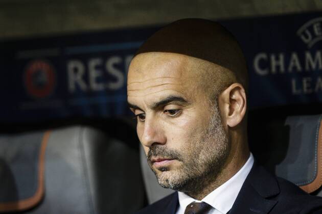 12.05.2015. Munich, Germany. Champions League Football Semi Final 2nd Leg. Bayern Munich versus Barcelona. Bayern Munich s Head Coach Pep Guardiola looks pensive before kick off xCraigxMercerx  ActionPlus11620406