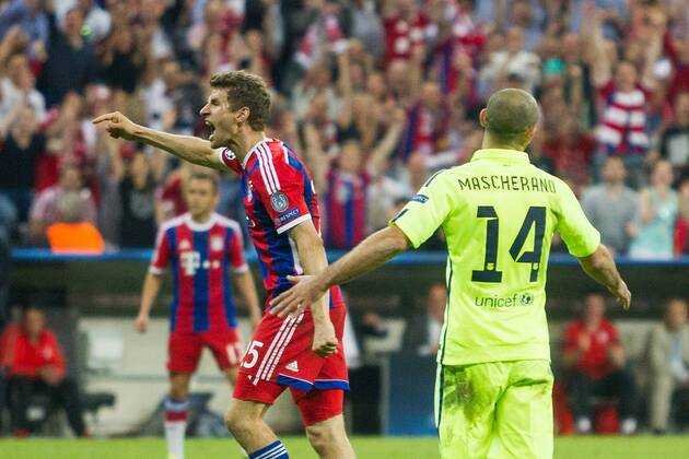 GER, UEFA CL Halbfinale, FC Bayern Muenchen vs. FC Barcelona Barca 12.05.2015, Allianz Arena, Muenchen, GER, UEFA CL Halbfinale, FC Bayern Muenchen vs. FC Barcelona, im Bild Jubel nach dem Tor zum 3-2 durch Thomas Mueller (FCB 25) nphxStraubmeier