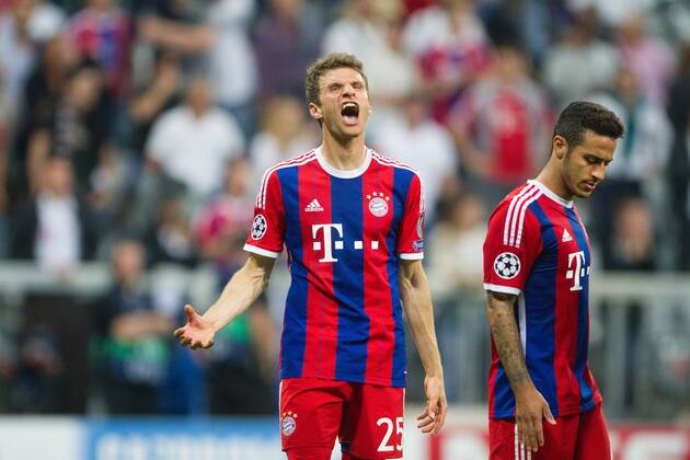 GER, UEFA CL Halbfinale, FC Bayern Muenchen vs. FC Barcelona Barca 12.05.2015, Allianz Arena, Muenchen, GER, UEFA CL Halbfinale, FC Bayern Muenchen vs. FC Barcelona, im Bild Thomas Mueller (FCB 25) schreit seinen Frust hinaus nphxStraubmeier