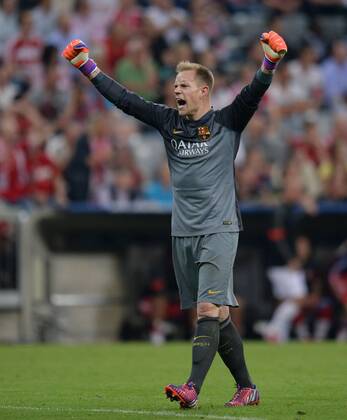 FUSSBALL CHAMPIONS LEAGUE SAISON 2014 2015 HALBFINALE RUECKSPIEL FC Bayern Muenchen - FC Barcelona Barca 12.05.2015 Torwart Marc Andre ter Stegen (Barca) jubelt 
