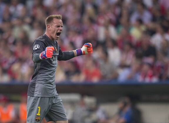 Torwart Marc-Andre TER STEGEN (FCBarcelona) jubelt Fussball international UEFA Championsleague, Saison 2014 2015, Halbfinale Rueckspiel: FC Bayern Muenchen - FC Barcelona Barca in Muenchen, Deutschland am 12.05.2015,