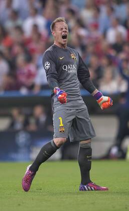 Torwart Marc-Andre TER STEGEN (FCBarcelona) jubelt Fussball international UEFA Championsleague, Saison 2014 2015, Halbfinale Rueckspiel: FC Bayern Muenchen - FC Barcelona Barca in Muenchen, Deutschland am 12.05.2015,