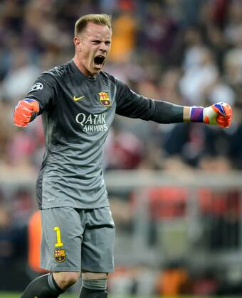 12. Mai 2015: Muenchen, Allianz Arena: Fussball UEFA Champions League, Halbfinale: FC Bayern Muenchen - FC Barcelona Barca Barcelonas Torwart Marc-Andre ter Stegen jubelt ueber den Treffer zum 1:0.