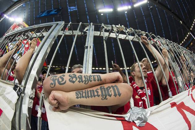 FC Bayern Muenchen vs FCxBarcelona, Champions League semi final, Munich. Result 3 -2. 12.05.2015 in picture: FC Bayern Muenchen supporters