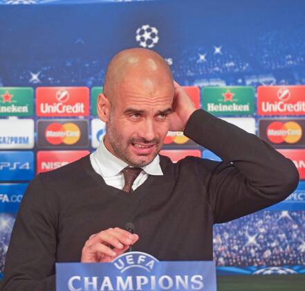 SOCCER - CL, Bayern vs Barcelona MUNICH,GERMANY,12.Mai.15 - SOCCER - UEFA Champions League, semifinal, FC Bayern Muenchen vs FC Barcelona Barca press conference PK Pressekonferenz Image shows head coach Pep Guardiola (Bayern). GEPAxpictures xHansxOsterauer 