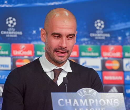 SOCCER - CL, Bayern vs Barcelona MUNICH,GERMANY,12.Mai.15 - SOCCER - UEFA Champions League, semifinal, FC Bayern Muenchen vs FC Barcelona Barca press conference PK Pressekonferenz Image shows head coach Pep Guardiola (Bayern). GEPAxpictures xHansxOsterauer 