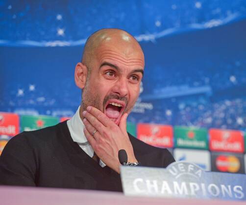 SOCCER - CL, Bayern vs Barcelona MUNICH,GERMANY,12.Mai.15 - SOCCER - UEFA Champions League, semifinal, FC Bayern Muenchen vs FC Barcelona Barca press conference PK Pressekonferenz Image shows head coach Pep Guardiola (Bayern). GEPAxpictures xHansxOsterauer 