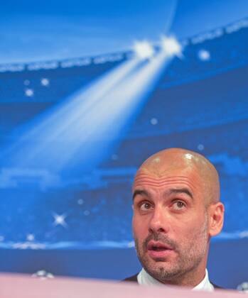 SOCCER - CL, Bayern vs Barcelona MUNICH,GERMANY,12.Mai.15 - SOCCER - UEFA Champions League, semifinal, FC Bayern Muenchen vs FC Barcelona Barca press conference PK Pressekonferenz Image shows head coach Pep Guardiola (Bayern). GEPAxpictures xHansxOsterauer 