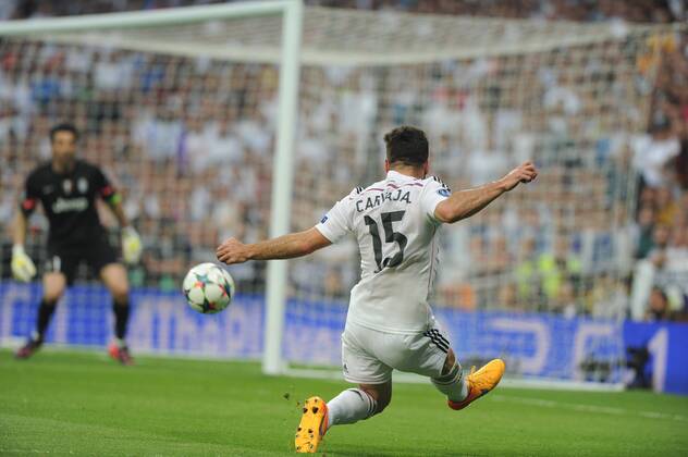 Real Madrid Defender, Daniel Carvajal Ramos - CARVAJAL, number 15 . Round semifinal of the CHAMPIONS league Football match between Real Madrid - Juventus at the Santiago Bernabeu estadium Madrid - Spain by May 13 2015. 