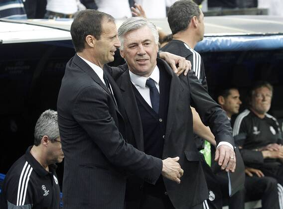 Real Madrid s coach Carlo Ancelotti (r) and Juventus coach Massimiliano Allegri during Champions League 2014 2015 Semi-finals 2nd leg match.May 13,2015.  (2015051301)