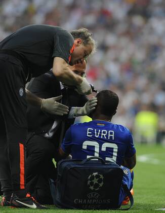 Juventus Defender, Patrice Evra - EVRA, number 33 . Round semifinal of the CHAMPIONS league Basketball match between Real Madrid - Juventus at the Santiago Bernabeu estadium Madrid - Spain by May 13 2015. 
