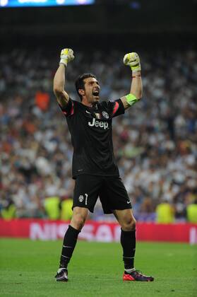 Juventus Goalkeeper, Gianluigi Buffon - Buffon, number 1 celebrates after scoring a goal (1,1). Round semifinal of the CHAMPIONS league Basketball match between Real Madrid - Juventus at the Santiago Bernabeu estadium Madrid - Spain by May 13 2015. 