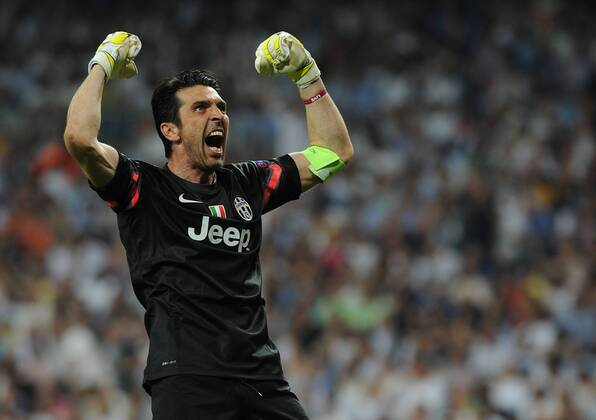 Juventus Goalkeeper, Gianluigi Buffon - Buffon, number 1 celebrates after scoring a goal (1,1). Round semifinal of the CHAMPIONS league Basketball match between Real Madrid - Juventus at the Santiago Bernabeu estadium Madrid - Spain by May 13 2015. 