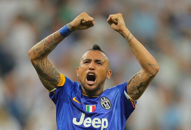 Arturo VIDAL, JUVE 23 Jubel, Freude, Emotionen, Feiern, Lachen, jubelt, freuen, reisst die Arme hoch, ballt die Faust REAL MADRID - JUVENTUS TURIN Fussball UEFA Champions League, Halbfinale Rueckspiel, Madrid, 13.05.2015 CL Saison 2014 2015,