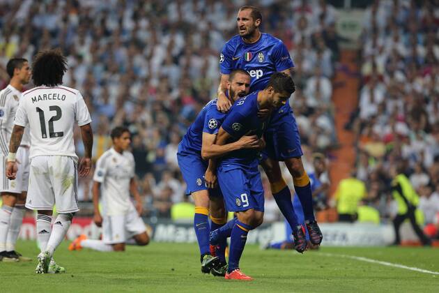 Madrid, Spain. 13th May 2015: Alvaro Morata forward from Juventus, celebrating after scoring during the UEFA Champions League semifinal second leg against Juventus at the Santiago Bernabeu stadium. (Photo: Ivan Abanades Medina). 