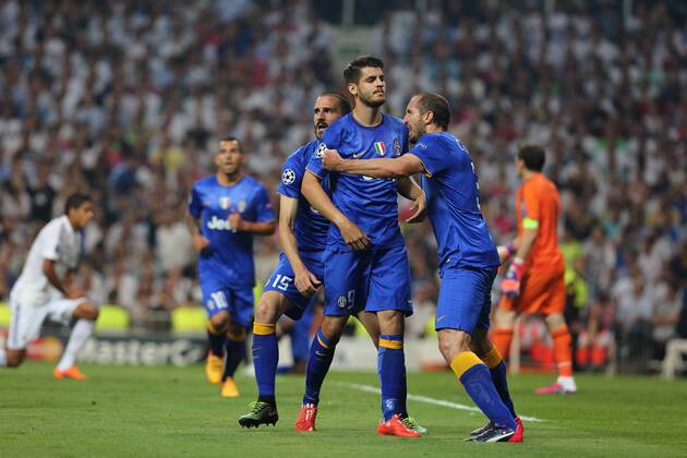 Madrid, Spain. 13th May 2015: Alvaro Morata forward from Juventus, celebrating after scoring during the UEFA Champions League semifinal second leg against Juventus at the Santiago Bernabeu stadium. (Photo: Ivan Abanades Medina). 