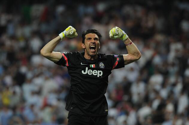 Juventus Forward, Alvaro Morata - MORATA, number 9 celebrates after scoring a goal (1,1). Juventus Goalkeeper, Gianluigi Buffon - Buffon, number 1. Round semifinal of the CHAMPIONS league Basketball match between Real Madrid - Juventus at the Santiago Bernabeu estadium Madrid - Spain by May 13 2015. 