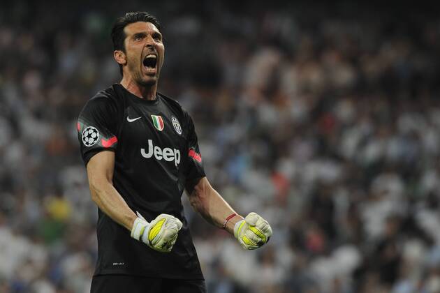 Juventus Forward, Alvaro Morata - MORATA, number 9 celebrates after scoring a goal (1,1). Juventus Goalkeeper, Gianluigi Buffon - Buffon, number 1. Round semifinal of the CHAMPIONS league Basketball match between Real Madrid - Juventus at the Santiago Bernabeu estadium Madrid - Spain by May 13 2015. 