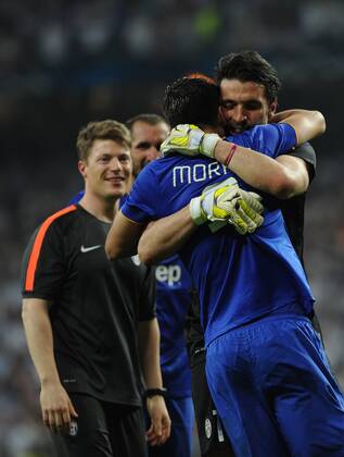 Juventus Forward, Alvaro Morata - MORATA, number 9 celebrates after scoring a goal (1,1). Juventus Goalkeeper, Gianluigi Buffon - Buffon, number 1. Round semifinal of the CHAMPIONS league Basketball match between Real Madrid - Juventus at the Santiago Bernabeu estadium Madrid - Spain by May 13 2015. 