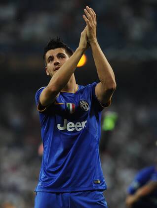 Juventus Forward, Alvaro Morata - MORATA, number 9 celebrates after scoring a goal (1,1). Round semifinal of the CHAMPIONS league Basketball match between Real Madrid - Juventus at the Santiago Bernabeu estadium Madrid - Spain by May 13 2015. 