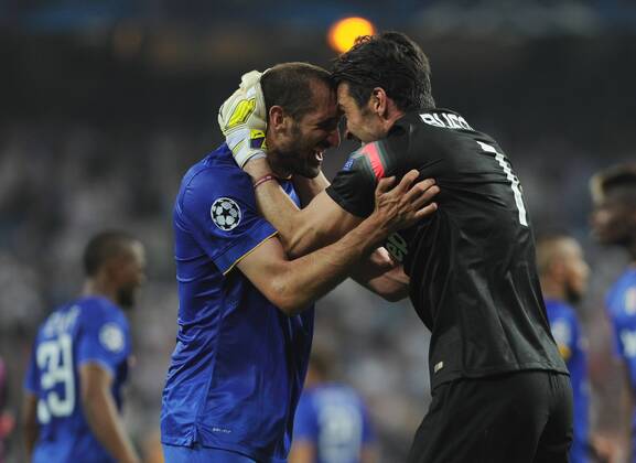 Juventus Defender, Giorgio Chiellini - CHIELLINI, number 3 celebrates after scoring a goal (1,1). Juventus Goalkeeper, Gianluigi Buffon - Buffon, number 1. Round semifinal of the CHAMPIONS league Basketball match between Real Madrid - Juventus at the Santiago Bernabeu estadium Madrid - Spain by May 13 2015. 