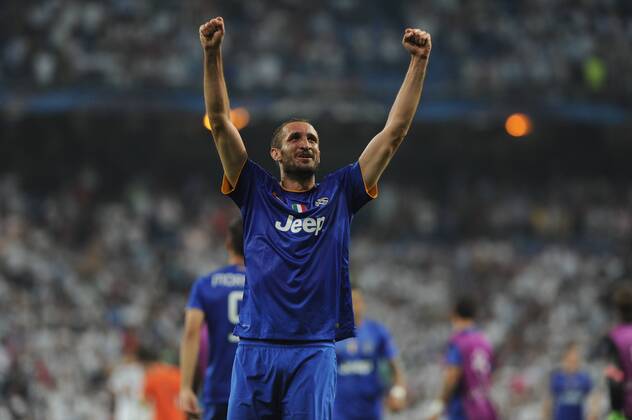 Juventus Defender, Giorgio Chiellini - CHIELLINI, number 3 celebrates after scoring a goal (1,1). Round semifinal of the CHAMPIONS league Basketball match between Real Madrid - Juventus at the Santiago Bernabeu estadium Madrid - Spain by May 13 2015. 