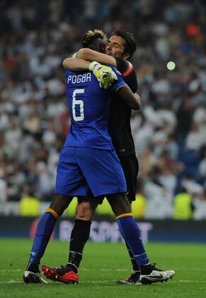 Juventus Goalkeeper, Gianluigi Buffon - Buffon, number 1 celebrates after scoring a goal (1,1). Juventus Midfielder, Paul Pogba - POGBA, number 6. Round semifinal of the CHAMPIONS league Basketball match between Real Madrid - Juventus at the Santiago Bernabeu estadium Madrid - Spain by May 13 2015. 
