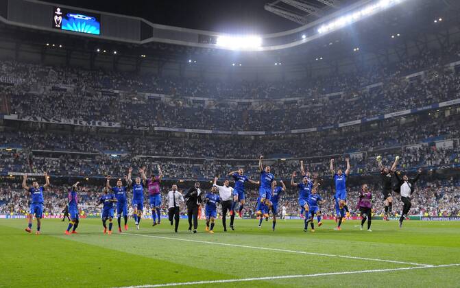 Juventus Forward, Alvaro Morata - MORATA, number 9 celebrates after scoring a goal (1,1). Juventus Goalkeeper, Gianluigi Buffon - Buffon, number 1. Juventus Midfielder, Romulo Souza Orestes Caldeira - ORESTES, number 2. Juventus Defender, Giorgio Chiellini - CHIELLINI, number 3. Juventus Defender, Martin Caceres - CACERES, number 4. Juventus Defender, Angelo Ogbonna - OGBONNA, number 5. Juventus Midfielder, Paul Pogba - POGBA, number 6. Juventus Midfielder, Simone Pepe - PEPE, number 7. Juventus Midfielder, Claudio Marchisio - MARCHISIO, number 8. Juventus Forward, Carlos Tevez - TEVEZ, number 10. Juventus Midfielder, Kingsley Coman - COMAN, number 11. Juventus Forward, Fernando Llorente - Llorente, number 14. Juventus Defender, Adrea Barzagli - BARZAGLI, number 15. Juventus Defender, Paolo De Ceglie - DE CEGLIE, number 17. Juventus Defender, Leonardo Bonucci - BONUCCI, number 19. Juventus Midfielder, Simone Padoin - PADOIN, number 20. Juventus Midfielder, Andrea Pirlo - PIRLO, number 21. Juventus Midfielder, Kwadwo Asamoah - ASAMOAH, number 22. Juventus Midfielder, Arturo Vidal - VIDAL, number 23. Juventus Defender, Stephan Lichtsteiner - Lichtsteiner, number 26. Juventus Midfielder, Stefano Sturaro - STURARO, number 27. Juventus Goalkeeper, Marco Storari - Marco Storari, number 30. Juventus Forward, Alessandro Matri - MATRI, number 32. Juventus Defender, Patrice Evra - EVRA, number 33. Juventus Goalkeeper, Rubens Fernando Moedim - Moedim, number 34. Juventus Midfielder, Roberto Maximiliano Pereyra - PEREYRA, number 37. Juventus Defender, Luca Marrone - MARRONE, number 39. Round semifinal of the CHAMPIONS league Basketball match between Real Madrid - Juventus at the Santiago Bernabeu estadium Madrid - Spain by May 13 2015.