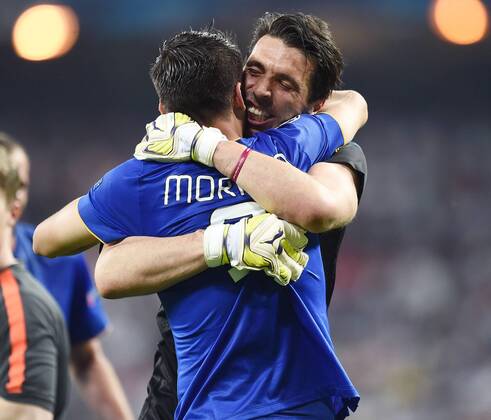 Mg Madrid (Spagna) 13 05 2015 - Champions League Real Madrid-Juventus Turin : Schlussjubel Gianluigi Buffon-Alvaro Morata 