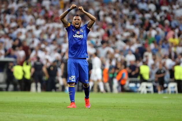 May 13, 2015 - Madrid, Spain - ARTURO VIDAL of Juventus celebrates after the UEFA Champions League semi final second leg match between Real Madrid CF and Juventus at the Santiago Bernabeu stadium in Madrid, Spain. Soccer 2015 - Real Madrid ties Juventus 1-1 - ZUMAg147