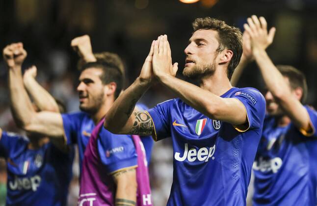 Claudio MARCHISIO, JUVE 8 Jubel, Freude, Emotionen, Feiern, Lachen, jubelt, freuen, reisst die Arme hoch, ballt die Faust REAL MADRID - JUVENTUS TURIN 1-1 damit Juve im Finale (2-1 Hinspiel) Fussball UEFA Champions League, Halbfinale Rueckspiel, Madrid, 13.05.2015 CL Saison 2014 2015,