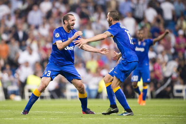 (L-R) Giorgio Chiellini, Leonardo Bonucci (Juventus), MAY 13, 2015 - Football Soccer : Giorgio Chiellini of Juventus celebrates after the UEFA Champions League Semi-final 2nd leg match between Real Madrid 1-1 Juventus at Estadio Santiago Bernabeu in Madrid, Spain. NoxThirdxPartyxSales  (ptmb075286)